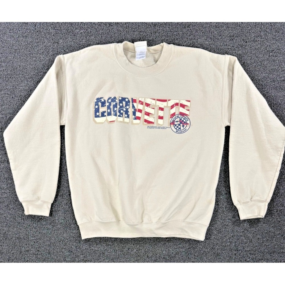 Vintage Corvette Sweatshirt Mens M Cream USA Flag‎ Graphic National Museum
